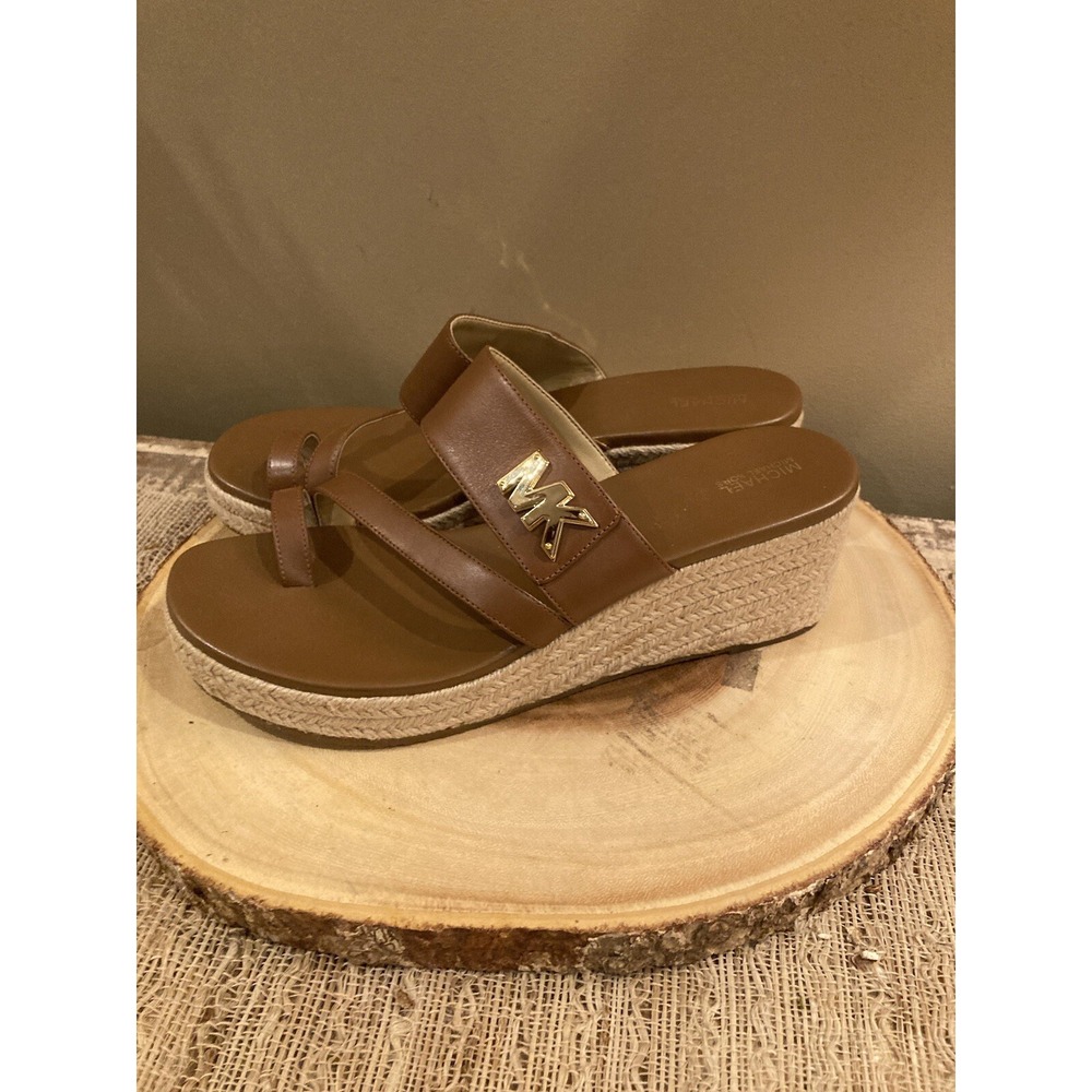 Michael Kors Women's Sidney Leather Espadrille Wedges Sandals Luggage Sz-10 - Picture 4 of 9